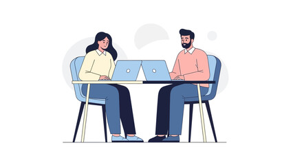 Two people working on laptops at a table, modern flat illustration