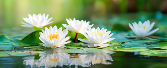 Panoramic image of white water lilies blooming on a calm pond, surrounded by lush green lily pads with soft reflections on the water