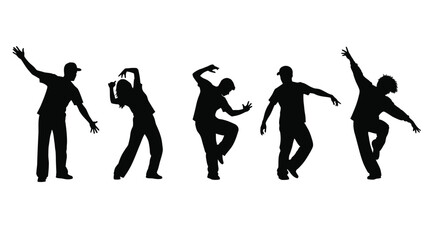 A dynamic collection of five diverse urban dancers captured in energetic silhouette poses illustrating street style movement and rhythmic choreography against a stark white background