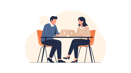 Two people, man and woman, working together on laptops at a table, flat design illustration