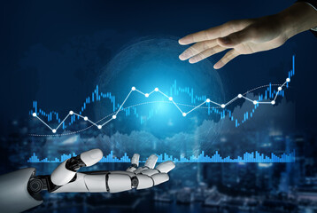 Visual representation of a robot and human hand reaching out amidst dynamic financial graphs,...