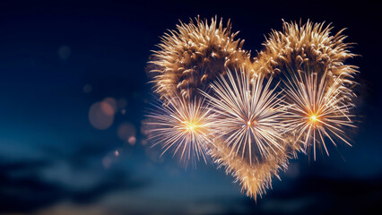 Golden heart-shaped fireworks light up the night sky, representing festive romance and magical celebration moments
