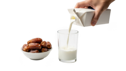 Pouring milk into a glass next to a bowl of dates