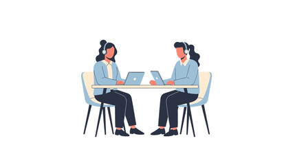 Two women working on laptops at a table with headsets, remote work concept
