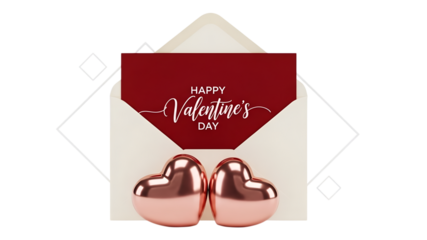 Happy Valentine's Day greeting card in an envelope with two shiny hearts