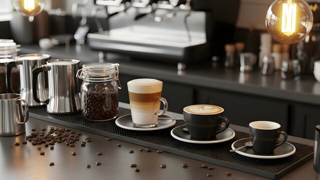 Professional Coffee Bar Setup with Latte Art, Espresso Cups, and Fresh Roasted Coffee Beans. - Powered by Adobe