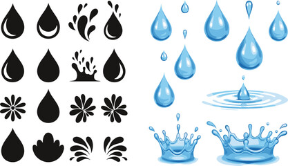 Water Droplets and Splash Icons Collection in Flat and Realistic Styles, Isolated Liquid Drop Vector Set