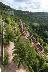 Village of Rocamadour in France, perched on a cliff in a valley