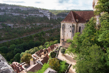 Village of Rocamadour in France, perched on a cliff in a valley