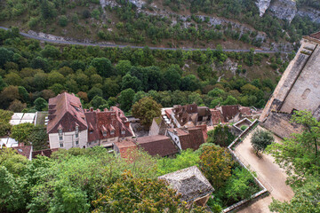 Village of Rocamadour in France, perched on a cliff in a valley