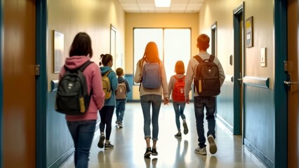 Campus corridor scene where students gather and walk