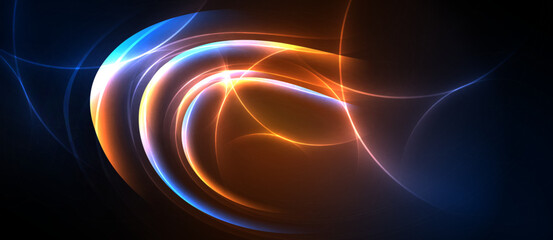 Obraz premium Abstract swirls, vibrant orange, blue hues dominate. Light trails create dynamic, flowing patterns against dark background. Energy radiates.
