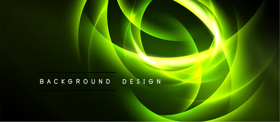 Bright green abstract lines swirl, creating dynamic energy. Dark background emphasizes glowing curves, modern design element.