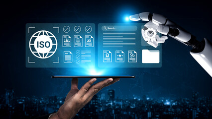 A robotic hand engages with a high-tech digital interface displaying ISO certification documents, symbolizing innovation and data management in a modern landscape. Gantry
