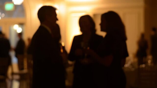 Silhouetted group of professionals networking at a social event with drinks in hand. Engaging in conversation to build connections and foster relationships