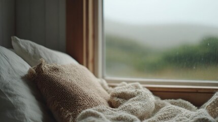 Close-up of a window with a view of a foggy landscape outside. the window is open and the view outside is of a green field with trees and hills in the distance.