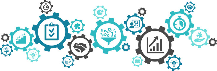 project management vector. Blue concept with icons related to project planning / strategy / progress & organization - progress tracking, scheduling, milestone setting, collaboration & review.