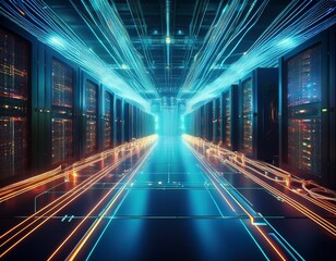 futuristic data center interior with ai processors and glowing fiber optic cables
