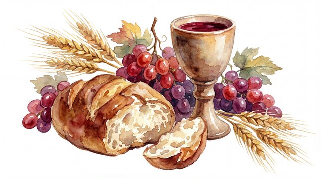 Christian communion still life with bread, goblet of red wine, grapes and wheat watercolor illustration.