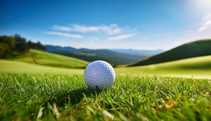 a close up of a golf ball resting on lush green grass with soft rolling hills in the background under a clear blue sky