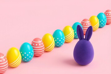 Colorful Easter eggs with purple bunny on pink background  