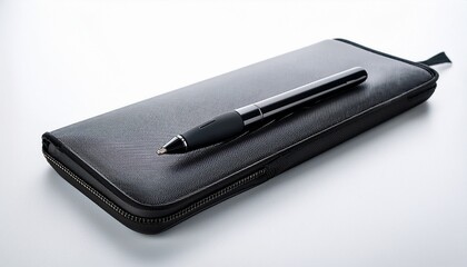 black digital pen and case on white background close up view technology tool