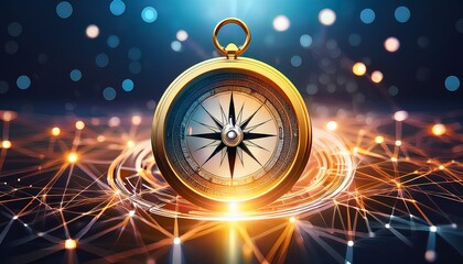 golden compass on abstract digital network with glowing lights guiding innovation and discovery