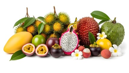 Fresh tropical fruits arranged on clean background