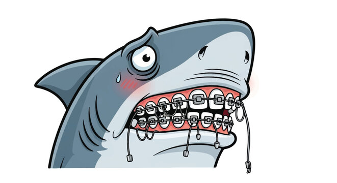Sad Shark Character with Metal Dental Braces, Funny Orthodontics and Dental Health Care Concept Illustration