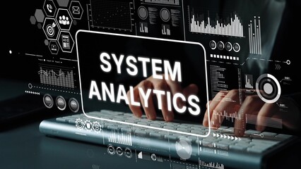 Hands typing on a keyboard with system analytics dashboard and data visualization graphics in a modern digital workspace environment. Asymptotic smart data analytic.