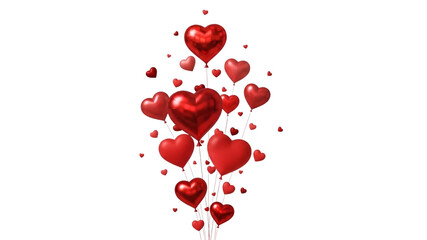 Shiny red heart balloons floating against a dark black background