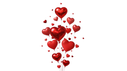 Shiny red heart balloons floating against a dark black background