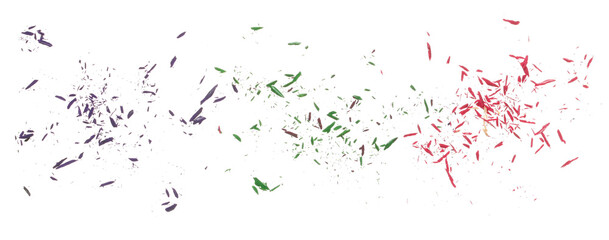 Set colorful pencil tip shavings from sharpener flying, explosion isolated on white background and...