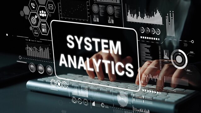 Hands typing on a keyboard with system analytics dashboard and data visualization graphics in a modern digital workspace environment. Asymptotic smart data analytic. - Powered by Adobe