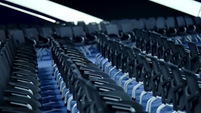 Rows of modern ergonomic chairs in a large auditorium under dramatic blue lighting, highlighting geometric repetition, perspective, and anticipation of an empty conference venue.
