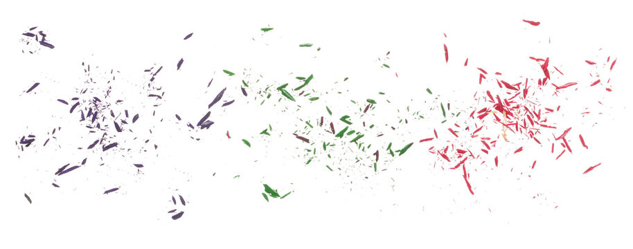 Set colorful pencil tip shavings from sharpener flying, explosion isolated on white background and texture, clipping path, transparency