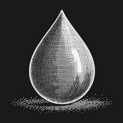Engraved Water Drop Illustration on Black Background Detailed and Minimalist.