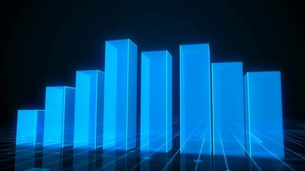 Abstract blue data visualization with glowing bars representing growth and analytics. Ideal for business presentations and financial reports