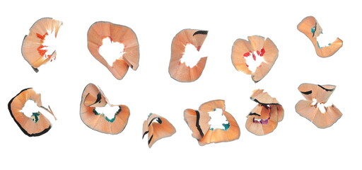 Wooden spiral pencil shavings from sharpener set and collection isolated on white background, design element