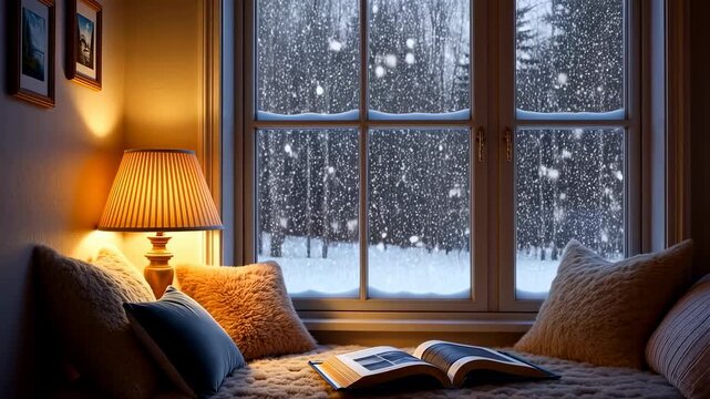 Cozy reading nook by the window with snow falling outside. Perfect winter retreat for relaxation and comfort