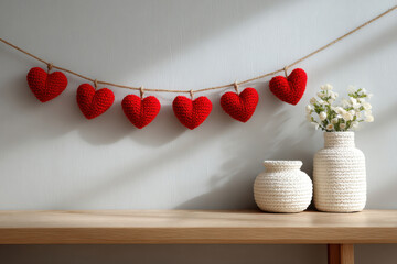 room interior with a hanging garland of red hearts and a vase on the table. minimalist style with copy space