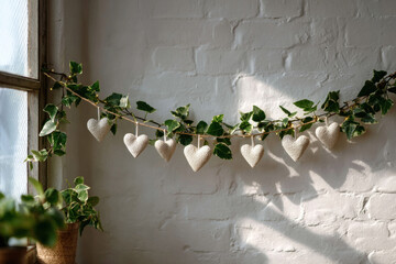 an interior element in the form of a hanging garland with burlap hearts and green ivy
