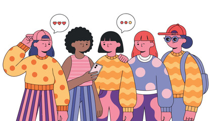 Naklejka premium Diverse group of young friends socializing and using smartphone together
