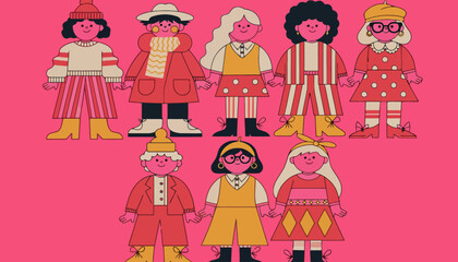 Diverse group of people dressed in colorful winter outfits