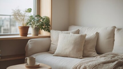 Naklejka premium Cozy living room with a beige sofa and a wooden coffee table in front of a large window. on the sofa, there are several beige throw pillows and a white blanket.