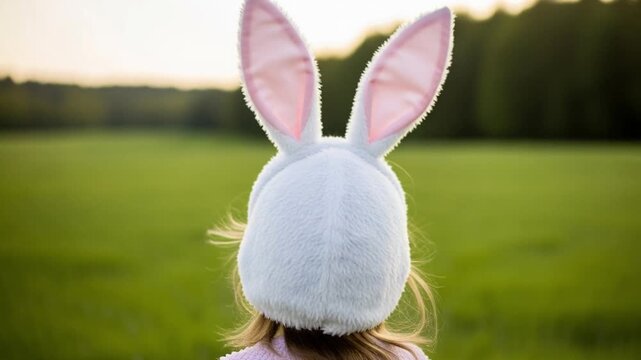 Bunny Ears Hat on Child Looking Over Green Field at Sunset Easter Theme
