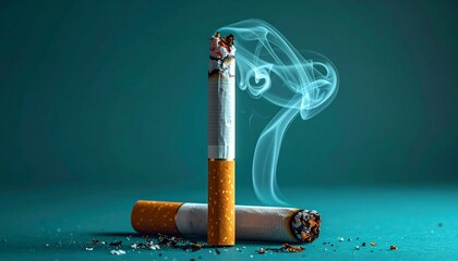 Burned Cigarettes with Smoke and Ash Symbolizing Addiction and Editorial Styling for Health Awareness and Risk