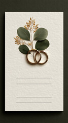 Minimalist Wedding Invitation Card Mockup with Two Gold Rings and Eucalyptus Branch on Textured Paper Background