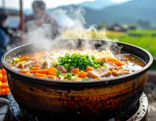Outdoor Cooking Pot with Steaming Hearty Soup
