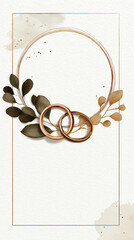 Minimalist Wedding Invitation Card Mockup with Two Gold Rings and Eucalyptus Branch on Textured Paper Background
